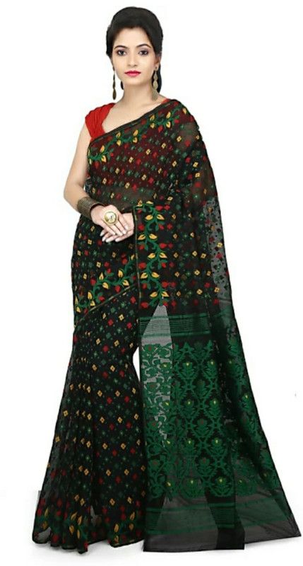 Woven Jamdani Cotton Silk Saree  (Dark Green, Black)