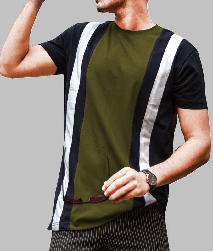 Vertical Stripes Men Dark Green T-Shirt
