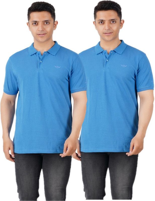 Pack of 2 Men Solid Polo Neck Pure Cotton Blue T-Shirt