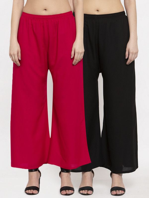 Pack of 2 Women Relaxed Red, Black Cotton Blend Trousers