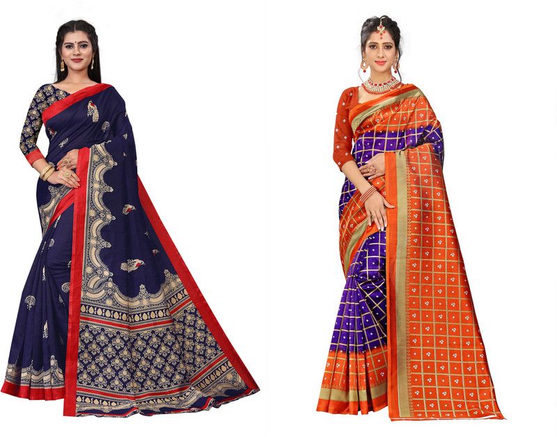 Bandhej Art Silk Saree  (Pack of 2, Multicolor, Dark Blue)
