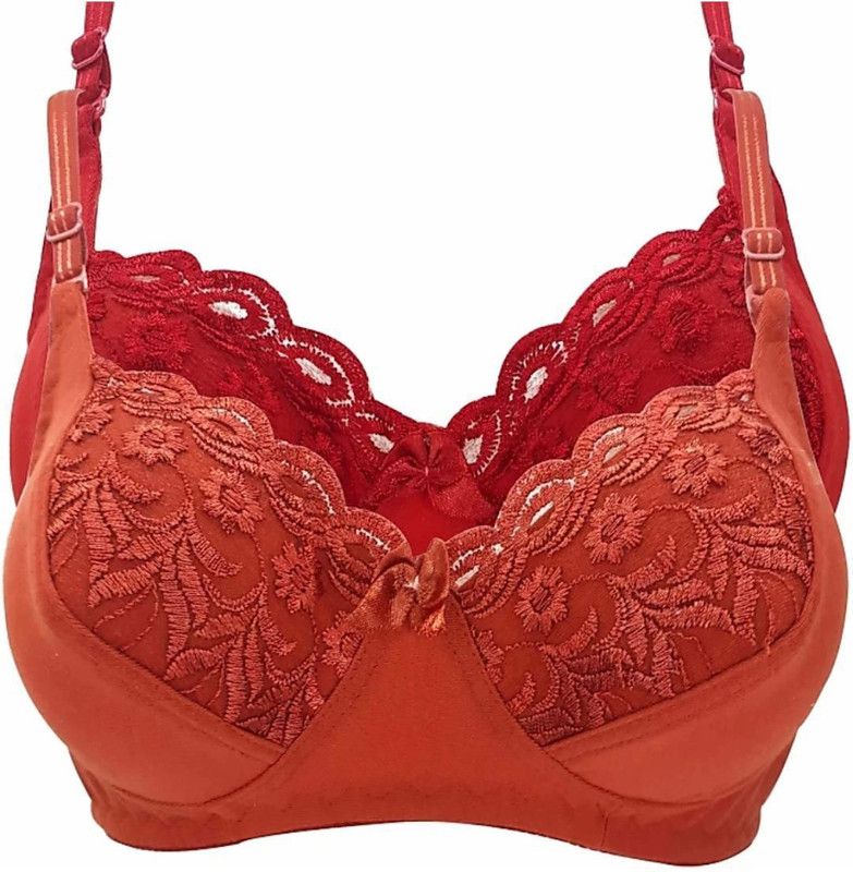 Pack of 2 Women Full Coverage Non Padded Bra  (Red, Orange)