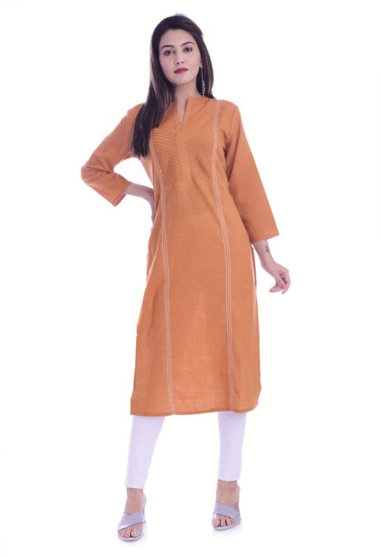 Women Solid Pure Cotton Straight Kurta  (Brown)