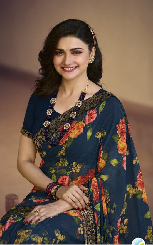 Self Design Bollywood Georgette, Chiffon Saree  (Dark Blue, Orange)