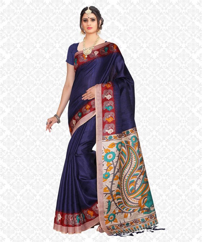 Digital Print Kalamkari Silk Blend Saree  (Dark Blue)