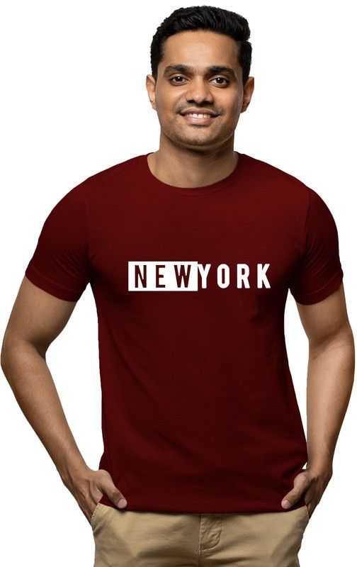 NewYork-HF6-M-XL Men Graphic Print Round Neck Pure Cotton Maroon T-Shirt