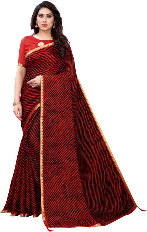 Striped Daily Wear Art Silk Saree  (Red, Black)