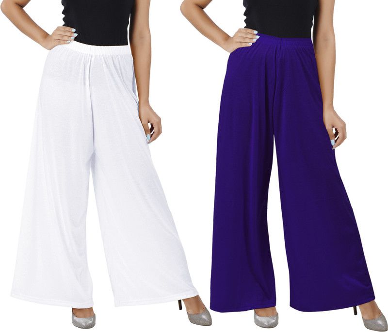 Pack of 2 Women Flared White, Purple Cotton Blend Trousers