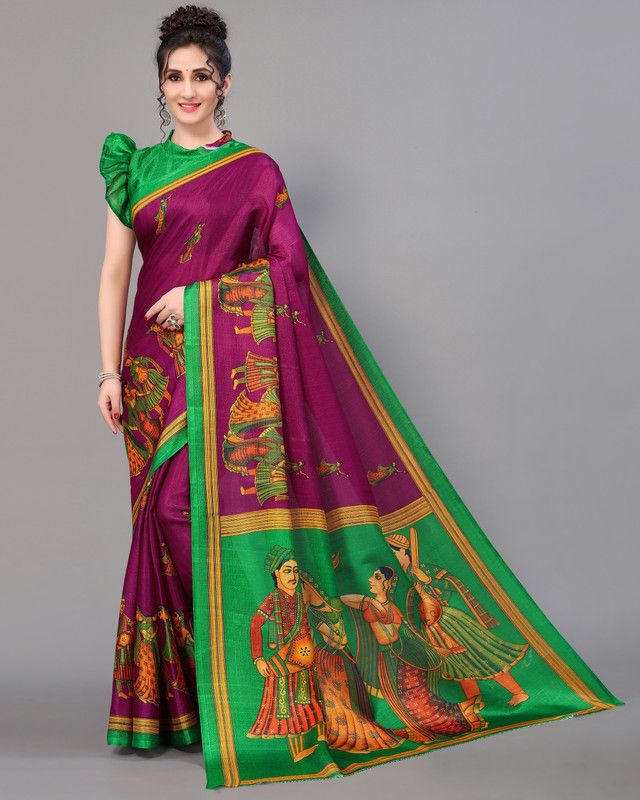 Printed Mysore Silk Blend Saree  (Purple)