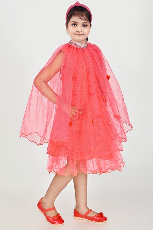 Girls Below Knee Party Dress  (Red, Full Sleeve)