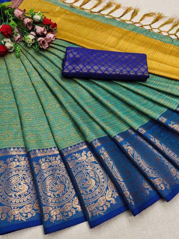 Solid/Plain Dharmavaram Cotton Silk Saree  (Green)