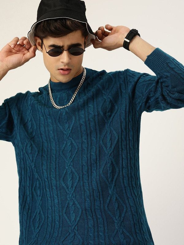 Men Self Design Round Neck Dark Green, Dark Blue Sweater