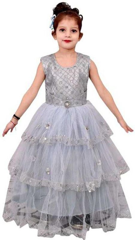 Barbie Girls Maxi/Full Length Party Dress  (Grey, 3/4 Sleeve)