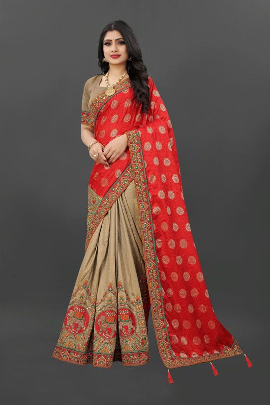 Printed, Embroidered Bollywood Jacquard Saree  (Red)