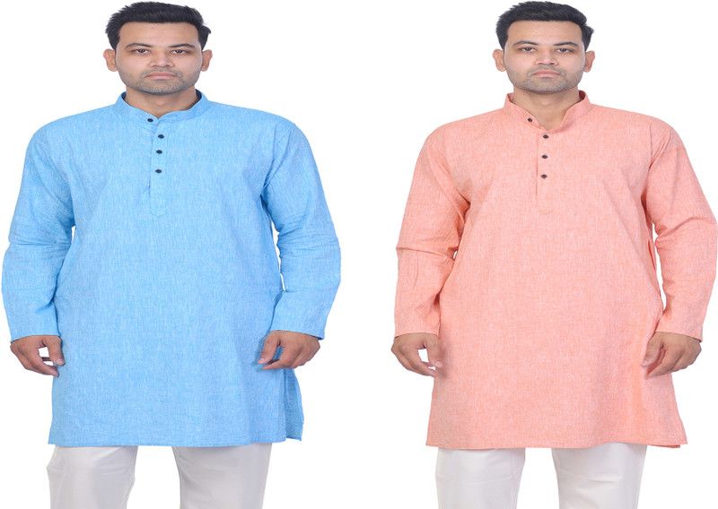 Pack of 2 Men Self Design Cotton Linen Straight Kurta  (Light Blue, Orange)