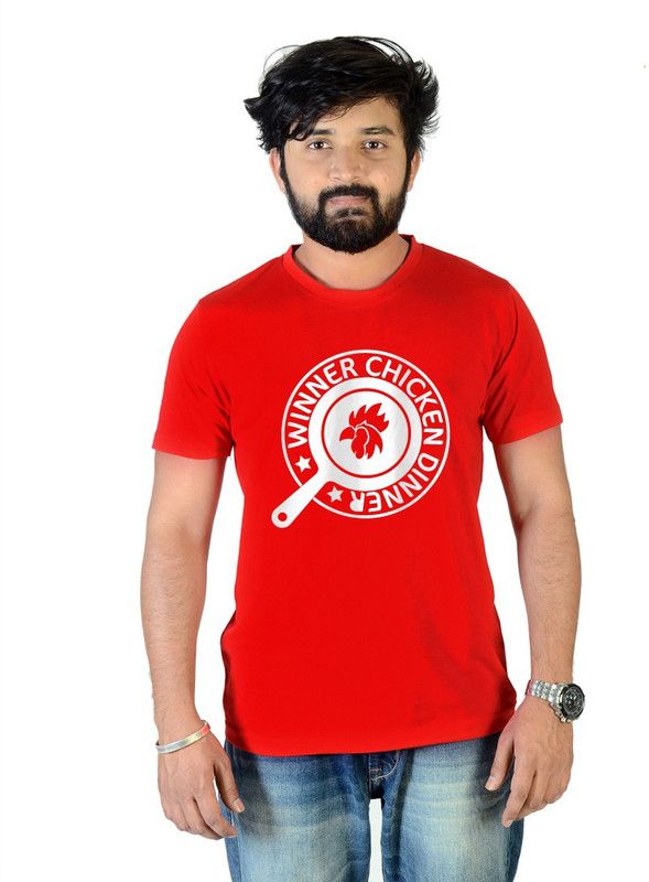 Pubg Winner Chicken Dinner Pan Men Printed Round Neck Pure Cotton Red T-Shirt