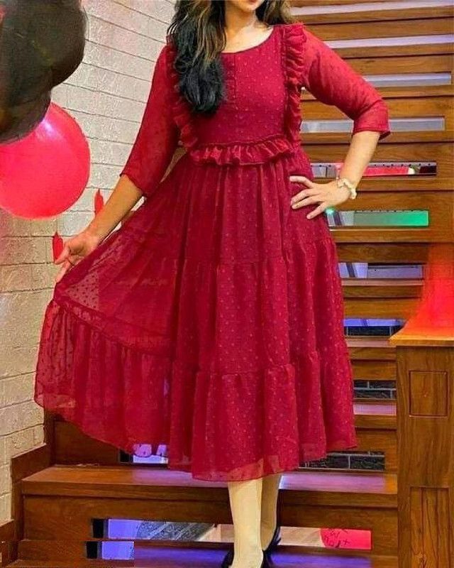 Women Self Design Georgette Flared Kurta  (Maroon)