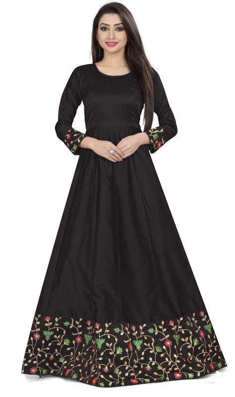Self Design Art Silk Semi Stitched Flared/A-line Gown  (Gold, Black)