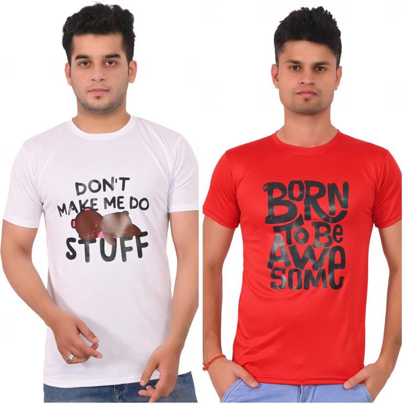 Pack of 2 Men Typography Round Neck Elastane Red, White T-Shirt