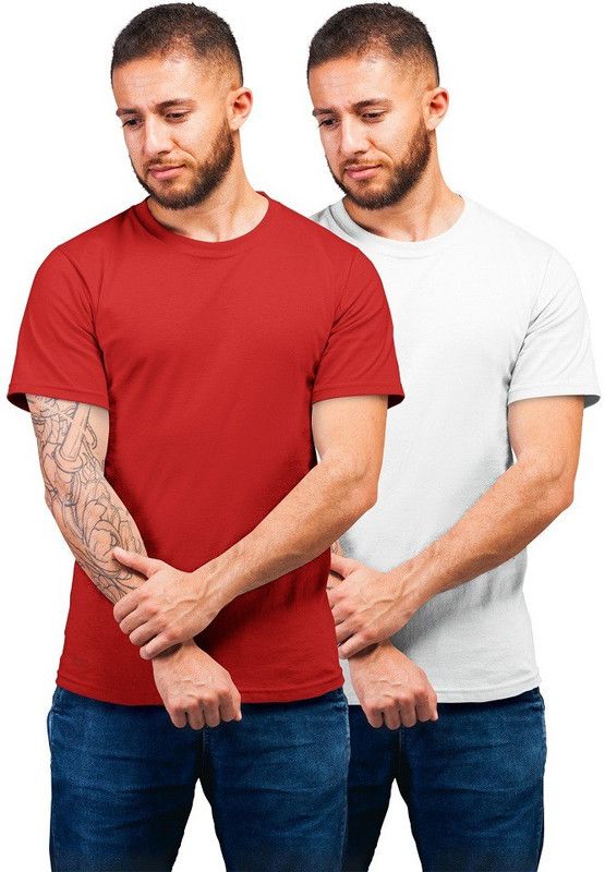 Pack of 2 thecaptainchoice Solid Men Round Neck White & Maroon Men Solid Round Neck Pure Cotton White, Maroon T-Shirt