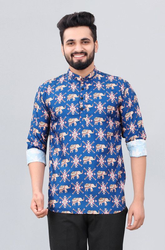 Men Printed Wool Straight Kurta  (Blue)