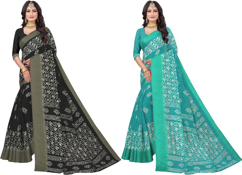 Printed Bollywood Cotton Silk Saree  (Pack of 2, Multicolor)