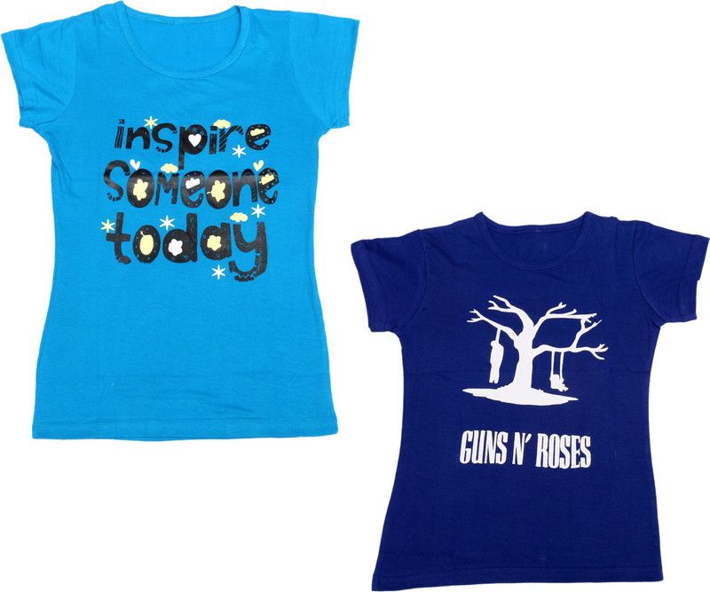 Girls Printed Cotton Blend T Shirt  (Blue, Pack of 2)