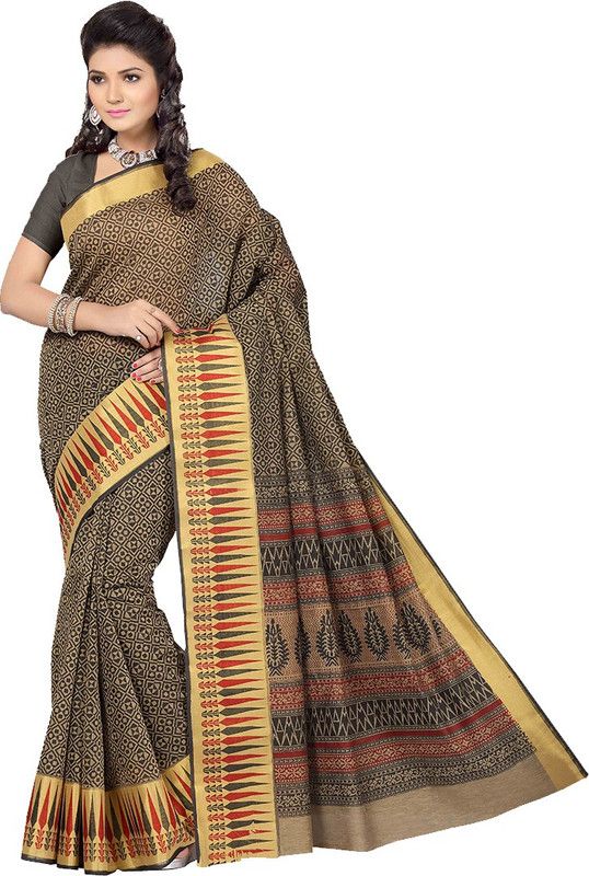 Printed Gadwal Cotton Blend Saree  (Black, Beige)