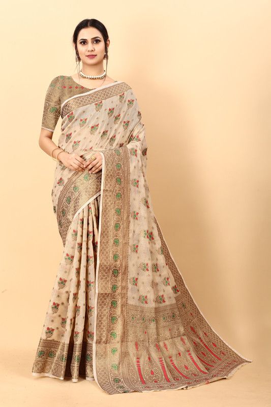 Self Design Banarasi Jacquard Saree  (Beige)