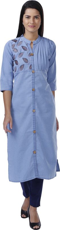 Women Embroidered Cotton Blend Straight Kurta  (Grey)