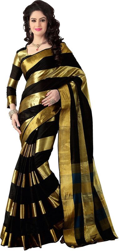Solid/Plain Bollywood Cotton Blend Saree  (Black)