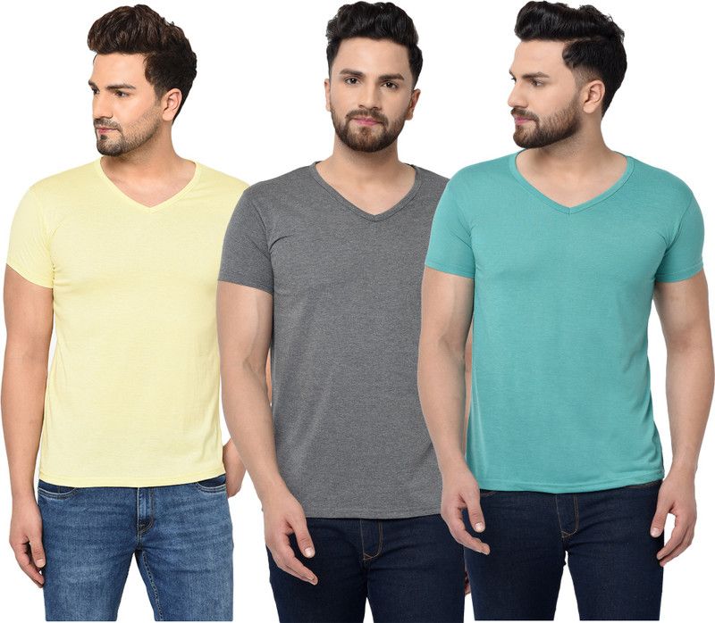 Pack of 3 Men Solid V Neck Cotton Blend Light Blue, Grey, Yellow T-Shirt