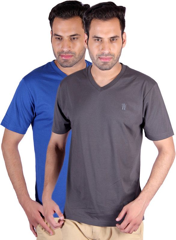 Pack of 2 Men Solid V Neck Poly Cotton Multicolor T-Shirt