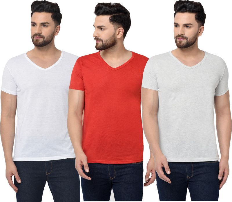 Pack of 3 Men Solid V Neck Cotton Blend Red, White, Grey T-Shirt
