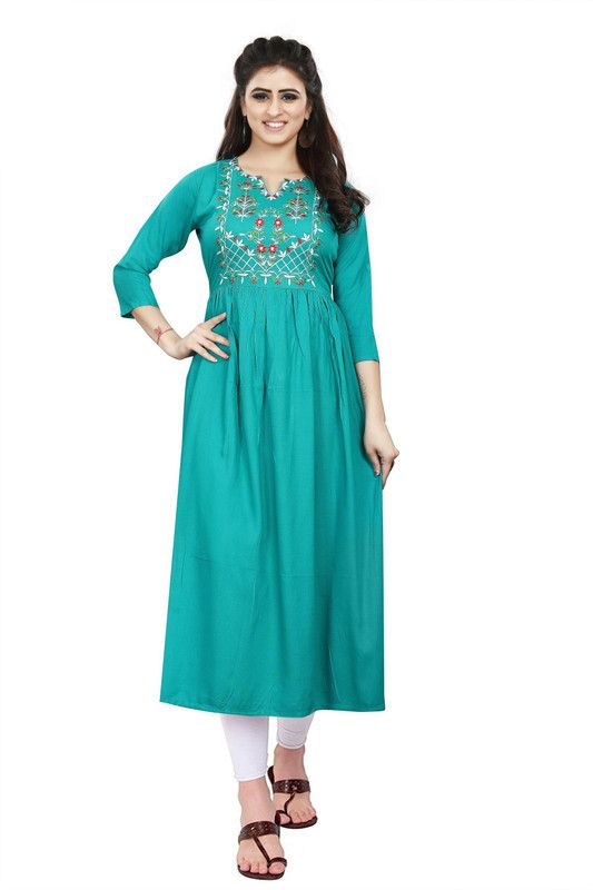 Women Embroidered Viscose Rayon Flared Kurta  (Light Green)