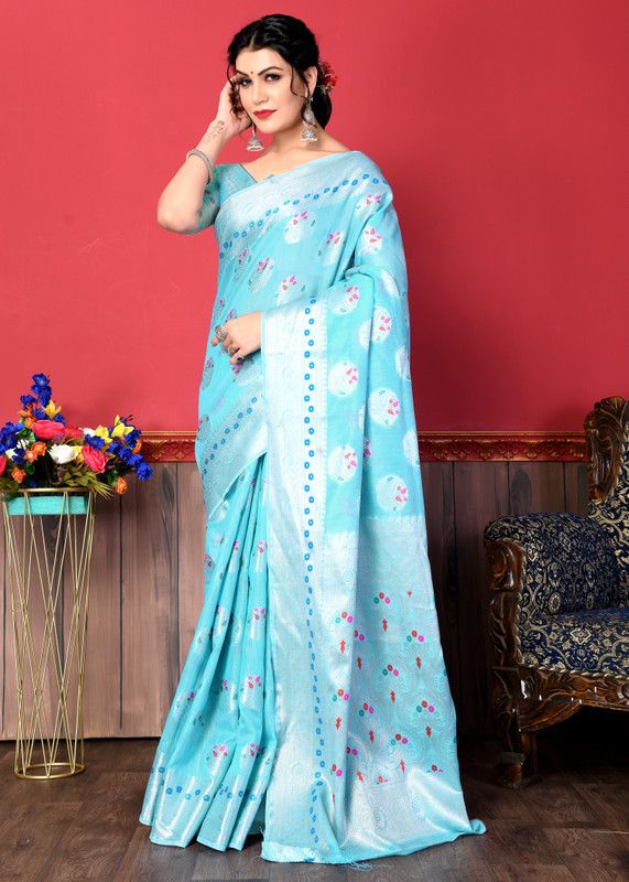 Printed Banarasi Linen Saree  (Light Blue)