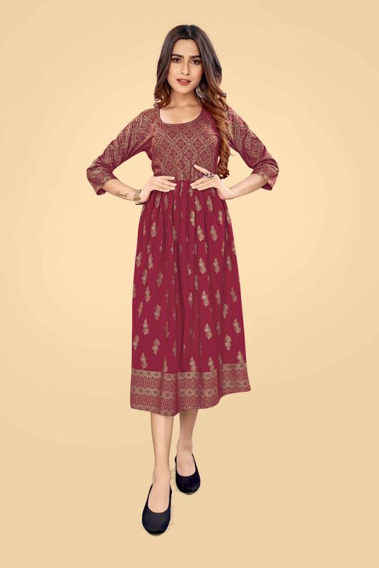 Women Self Design Viscose Rayon Flared Kurta  (Maroon)