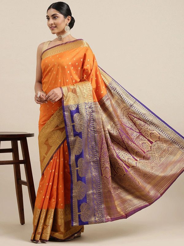 Woven Banarasi Silk Blend Saree  (Orange)
