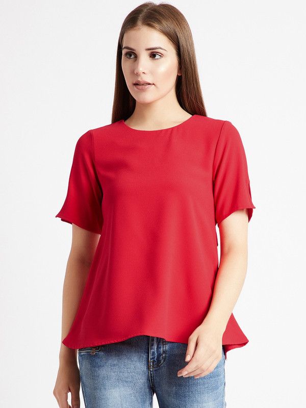 Casual Slit Sleeves Solid Women Red Top