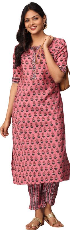 Women Printed Pure Silk Straight Kurta  (Pink)