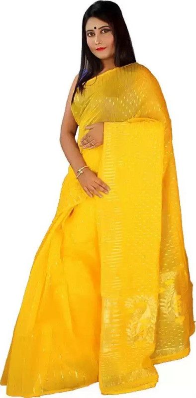 Embroidered Jamdani Cotton Silk Saree  (Yellow)