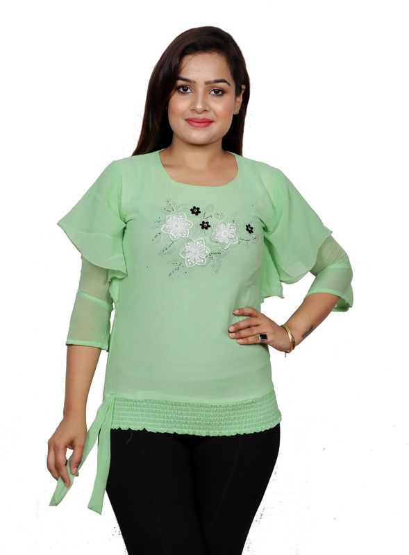 Casual Ruffled Sleeves Embroidered Women Green Top