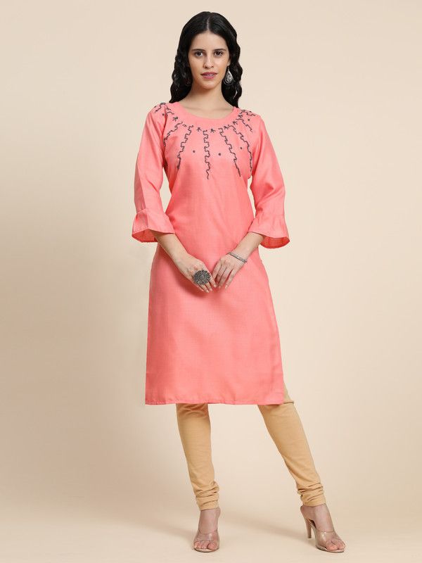 Women Embellished Cotton Blend A-line Kurta  (Pink)