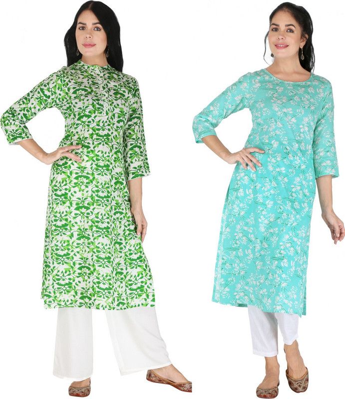 Pack of 2 Women Floral Print Viscose Rayon Straight Kurta  (Light Blue, Green)