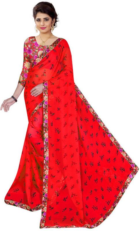 Floral Print Bollywood Crepe Saree  (Red)