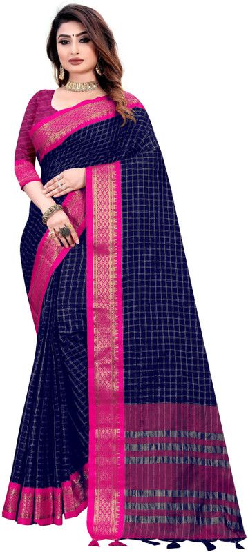 Color Block, Temple Border, Ombre, Striped, Woven, Polka Print, Checkered, Solid/Plain Venkatagiri Art Silk, Cotton Silk Saree  (Dark Blue, Pink)