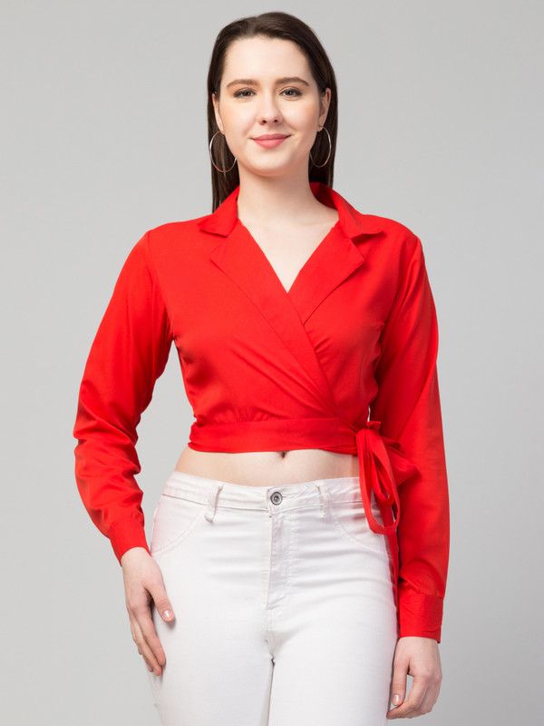 Casual Cuffed Sleeves Solid Women Red Top