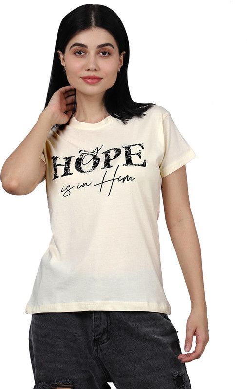 Women Typography Round Neck Cotton Blend Beige T-Shirt