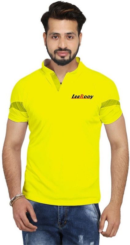 Men Colorblock Mandarin Collar Poly Cotton Green T-Shirt