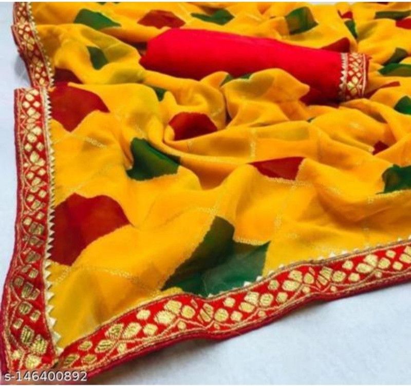 Bandhani Cotton Silk, Georgette Saree  (Red, Yellow)